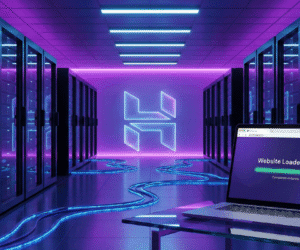 Hostinger review 2025 cover image showing modern server room with purple lighting